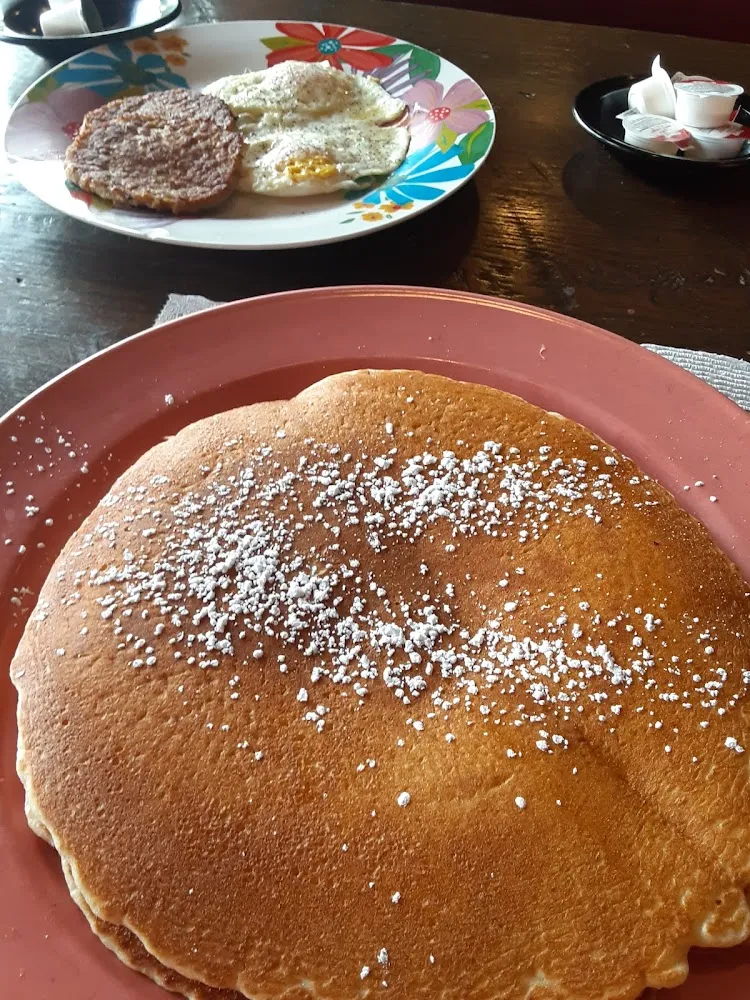 Pancakes Sausage Patties and Eggs