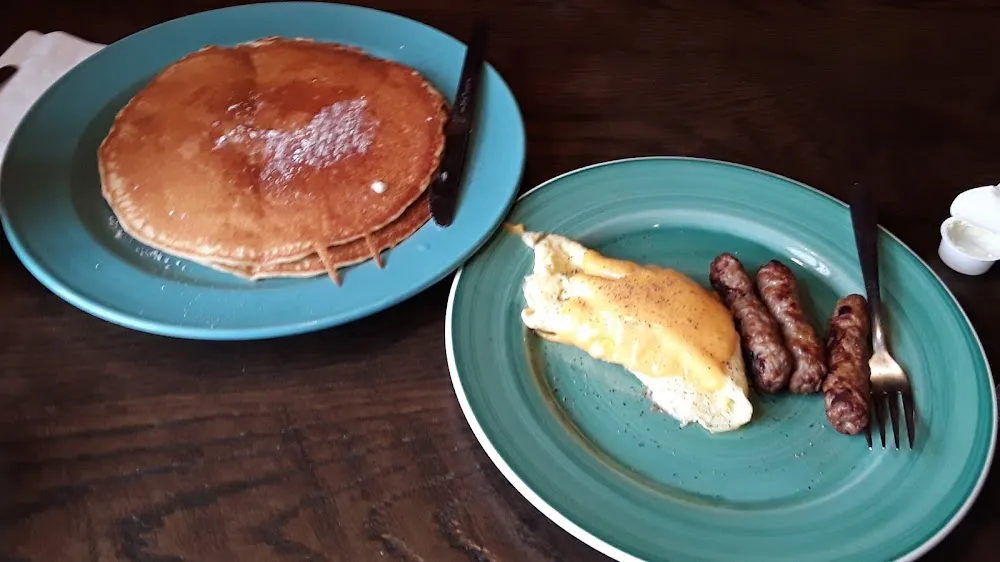 Pancakes Scrambled Eggs and Turkey Sausage